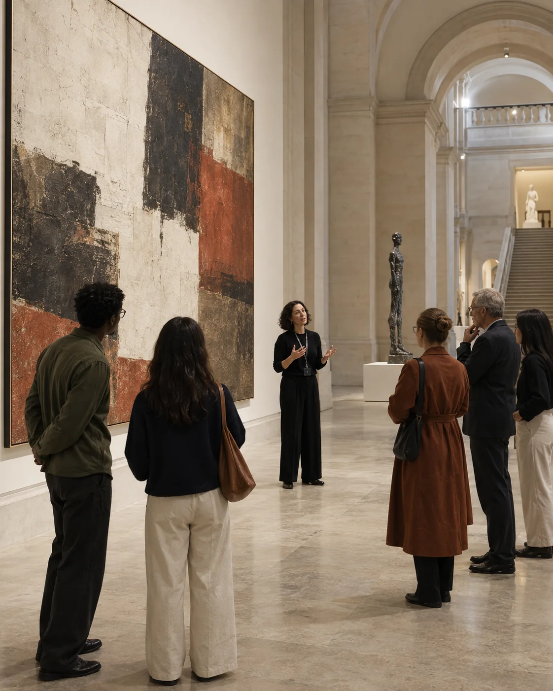 Visitors attending a curator talk inside a contemporary museum gallery
