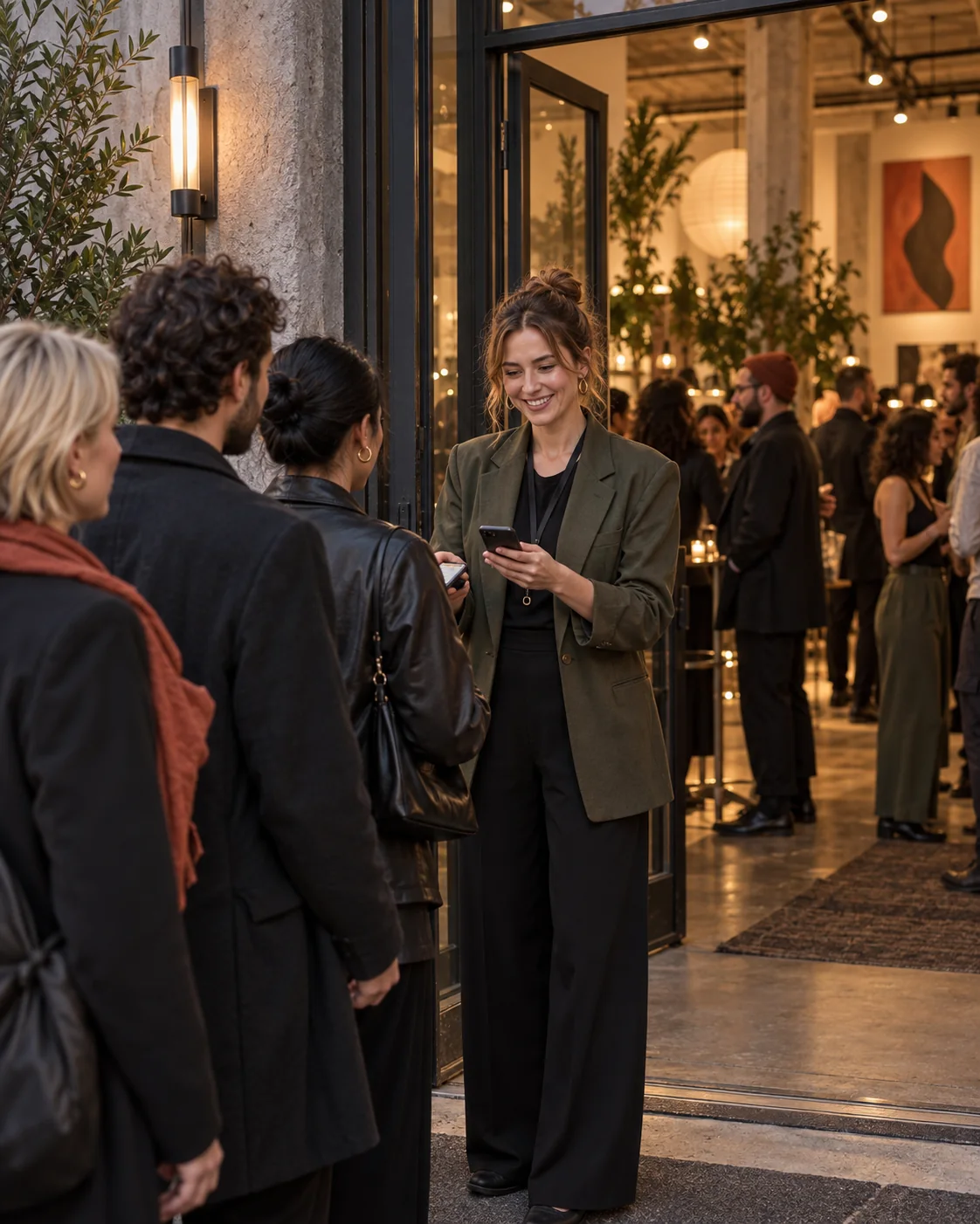 An event organiser welcoming and checking in guests at a city venue